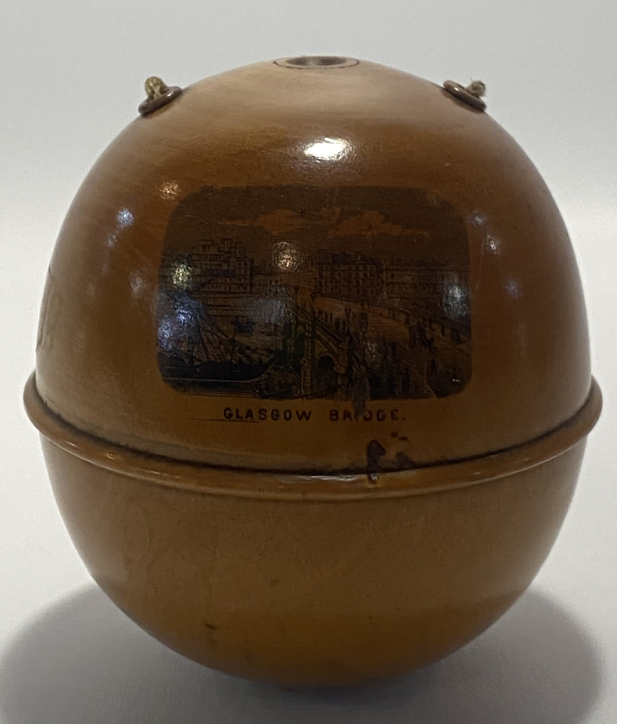 Antique Scottish Mauchlinware String Dispenser with Glasgow Scenes