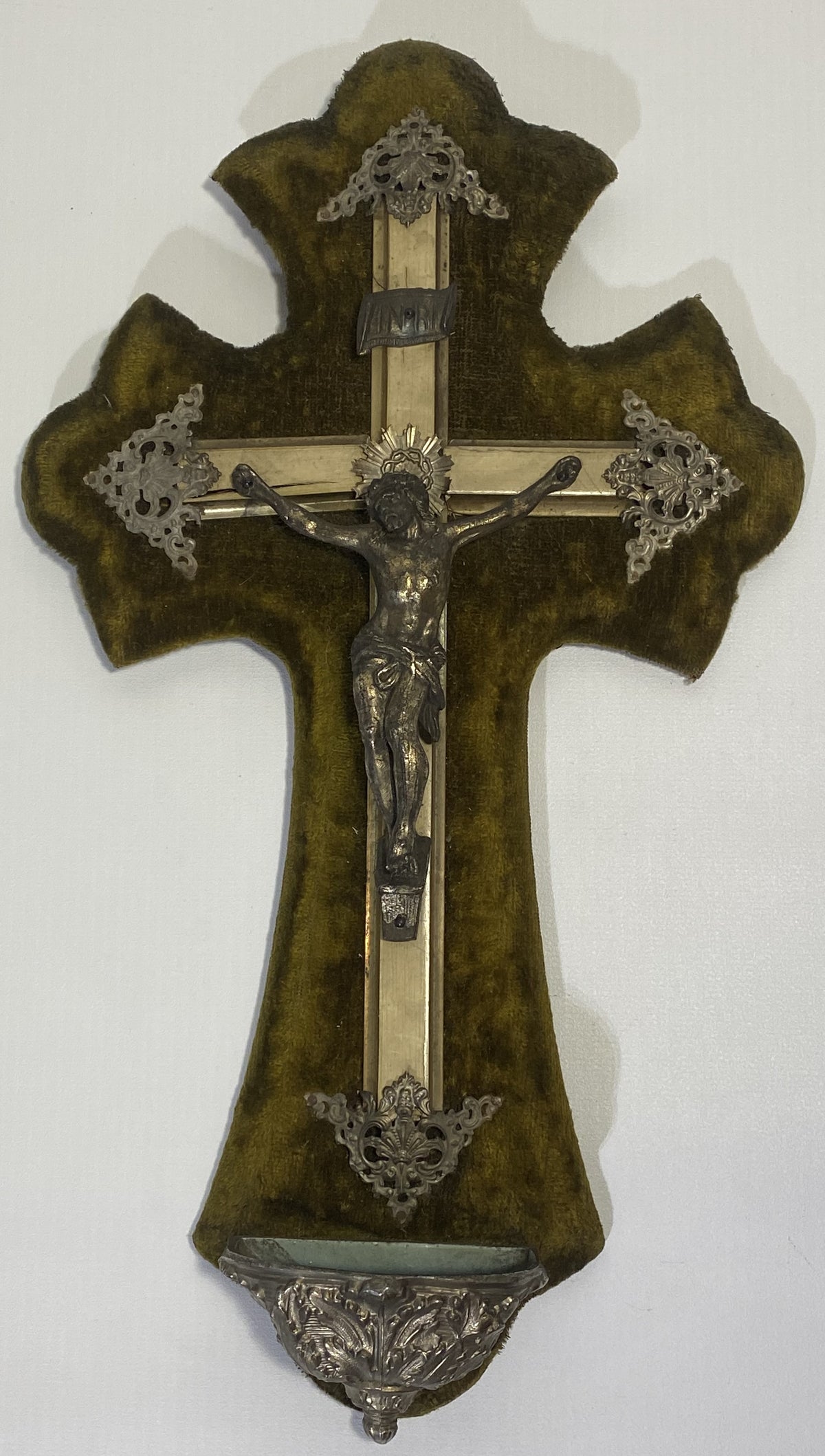 French velvet backed crucifix with holy water font