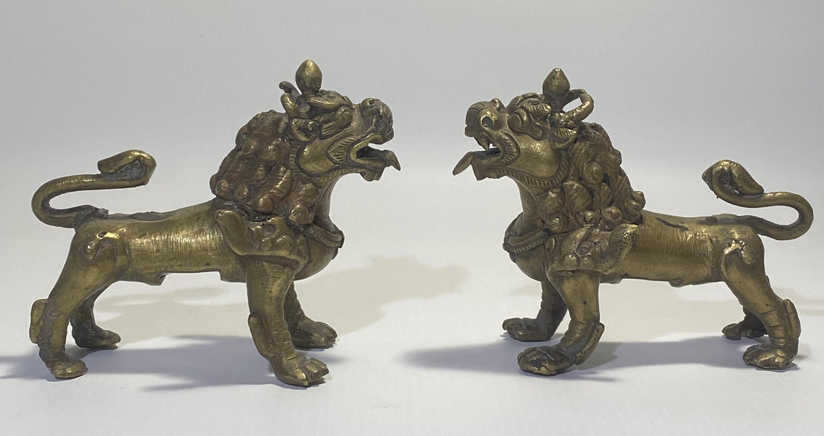 Pair Nepalese Bronze Singha Temple Guardian Lions (Foo Dogs, Shishi)